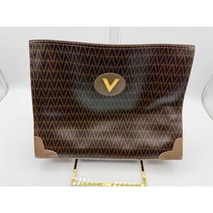 MARIO VALENTINO Monogram PVC/Leather Clutch Bag Brown Zip Coated Canvas | COA